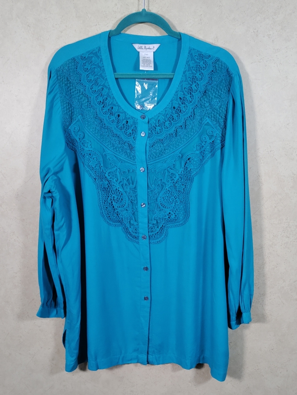 G100 Ulla Popken turquoise L/S button blouse w/lace yoke 20/22 NEW